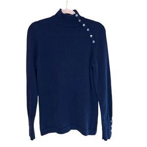 Charter Club 100% Cashmere Mock Neck Sweater Womens Medium Navy Blue Button Trim